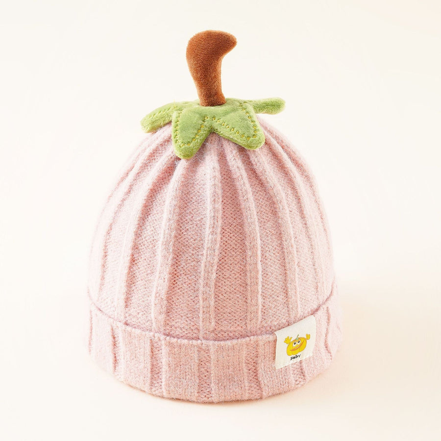 Gerippte Babymütze mit Fruchtstiel, gestrickte Kleinkindmütze mit Blättern und Etikett