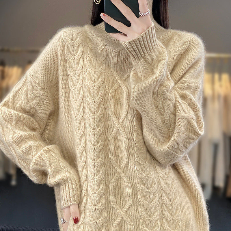 Damen Grobstrick Pullover Zopfmuster Rundhals Beigefarben