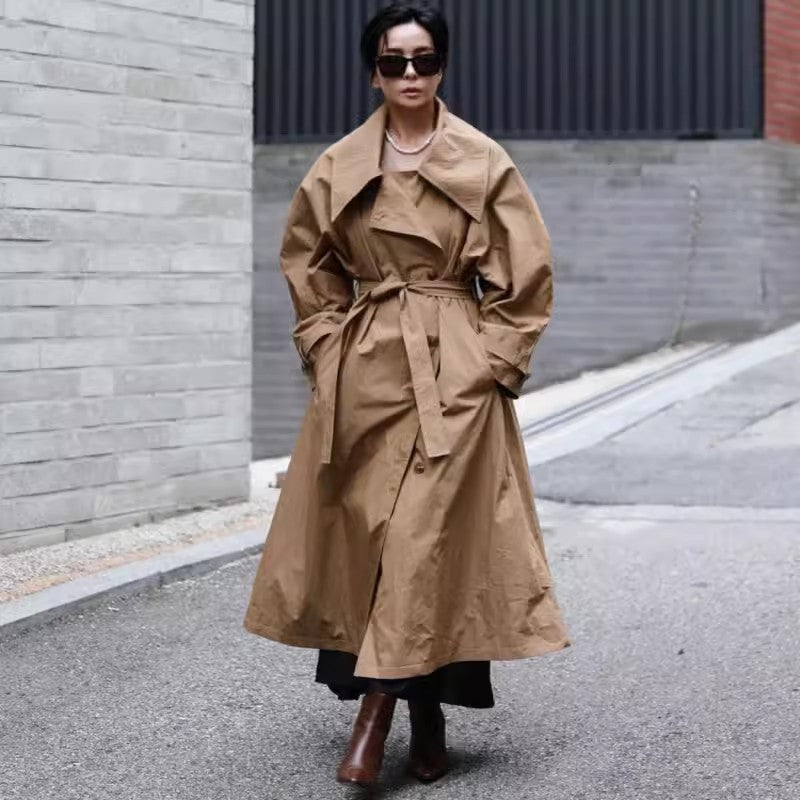 Damen Langer Trenchcoat mit Gürtel und weitem Kragen Khaki