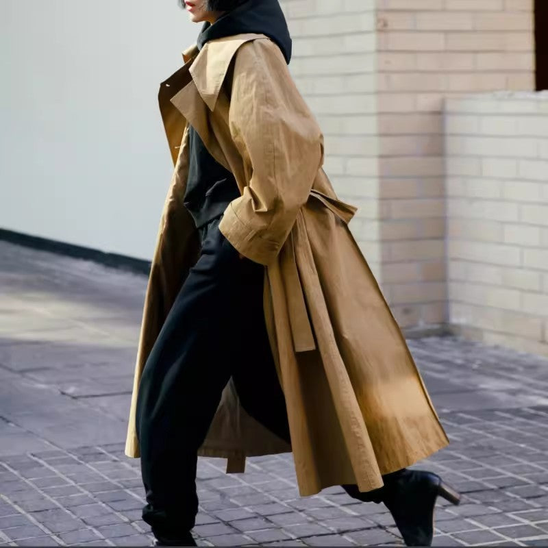 Damen Langer Trenchcoat mit Gürtel und weitem Kragen Khaki