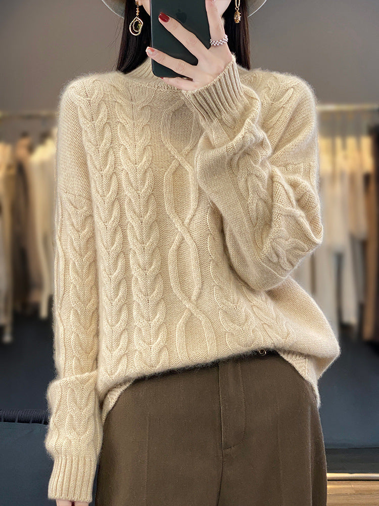 Damen Grobstrick Pullover Zopfmuster Rundhals Beigefarben