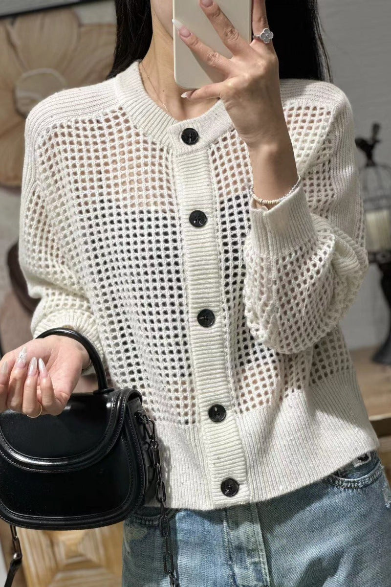 Damen Strickjacke mit Rundhals und Lochmuster, geknöpft