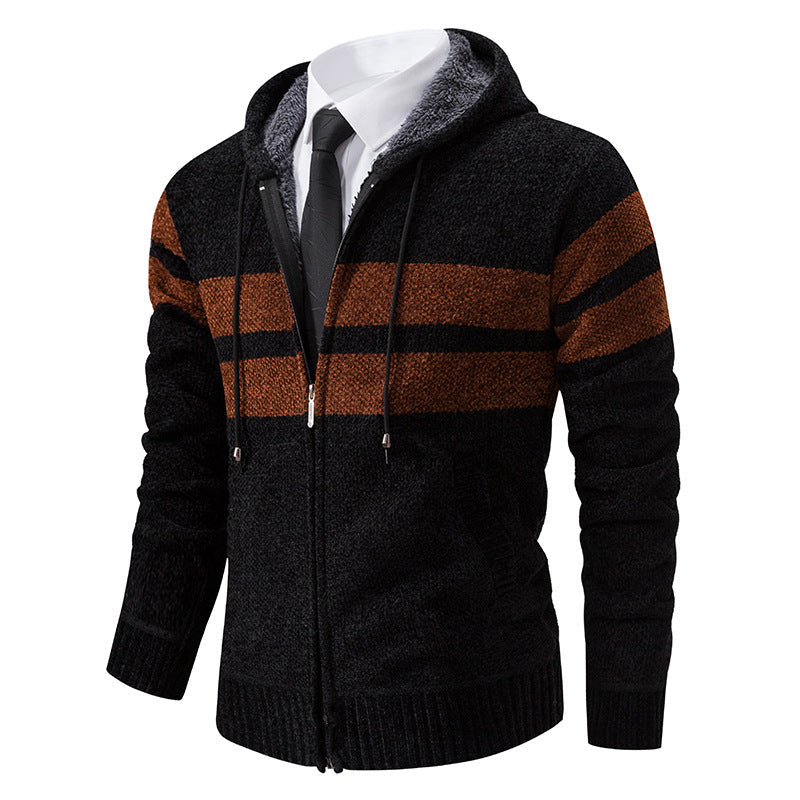 Gebreid vest voor heren met capuchon, rits en strepenpatroon