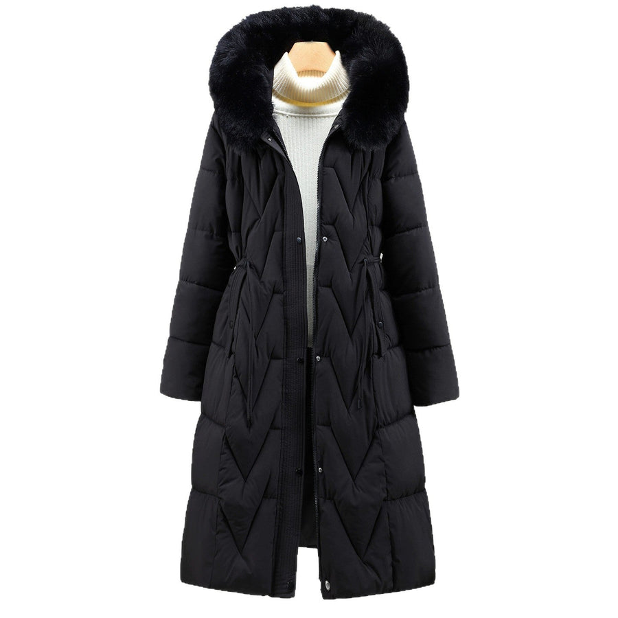 Lange gewatteerde winterjas voor dames met capuchon en imitatiebontafwerking, warme winterparka