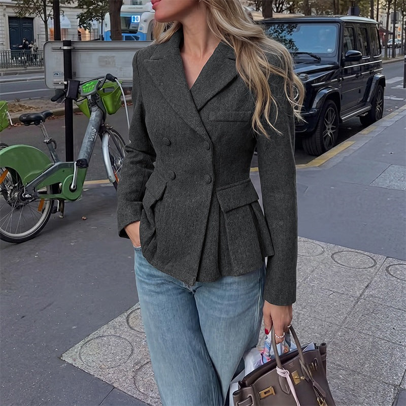 Damen Dunkelgrauer Doppelreiher Blazer mit Schößchen
