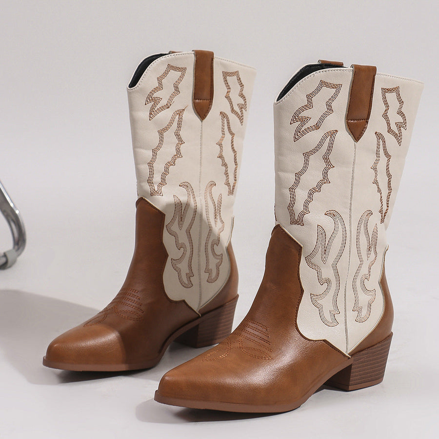 Damescowboylaarzen in tweekleurige look met borduursel, westernlaarzen