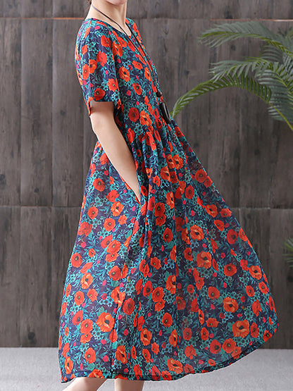 Damen Sommer Midikleid mit Blumenmuster, lockerer Boho-Stil, ideal für Freizeit und Urlaub