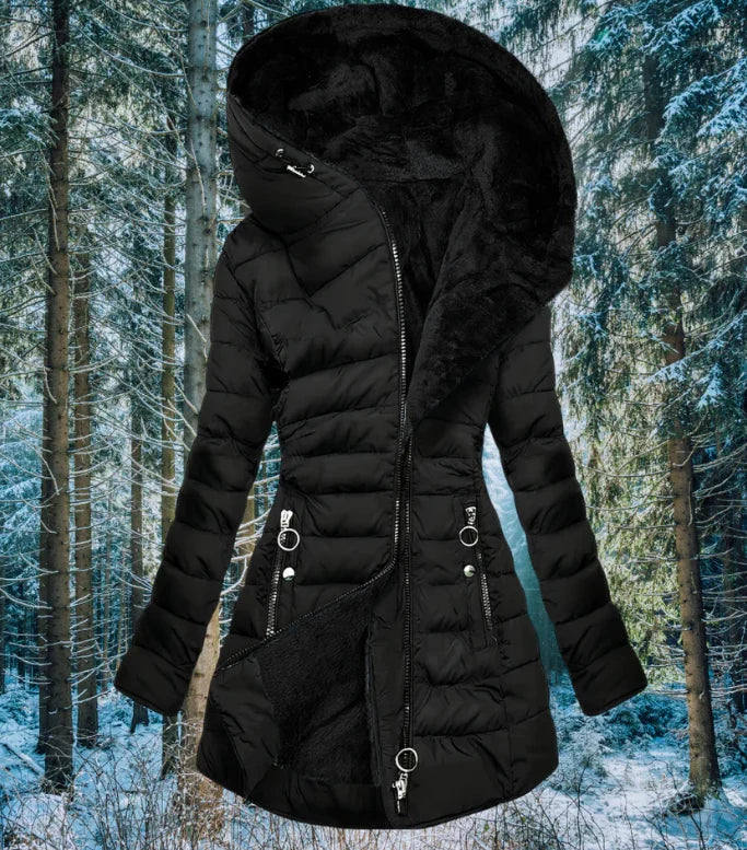 Damen Winter Steppmantel Schwarz mit Kapuze und Reißverschlüssen