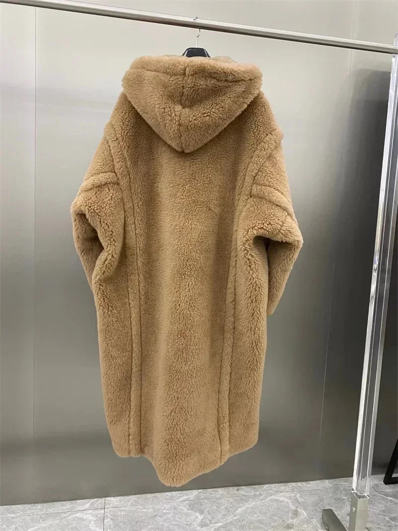Damen Teddyfell Mantel mit Kapuze und Handschuhen, mittellang, Winter