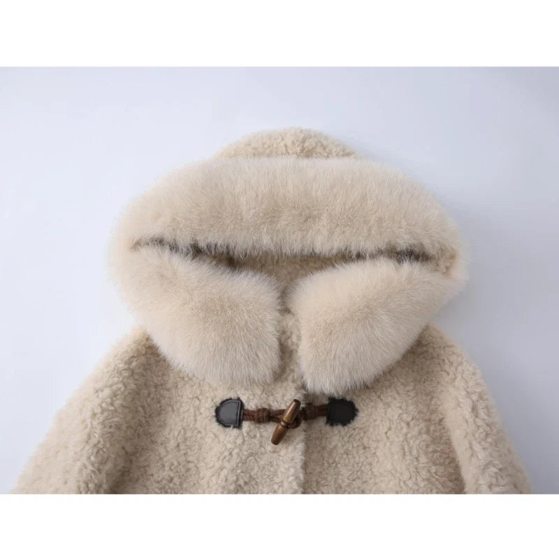 Damen Teddy-Mantel Beige mit Kapuze und Knebelverschlüssen