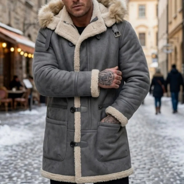 Herren Wintermantel mit Kapuze und Fellimitat-Futter