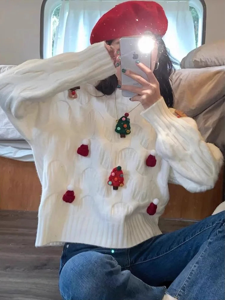 Dames kerstpullover, gebreid, met 3D-applicaties, ronde hals en lange mouwen