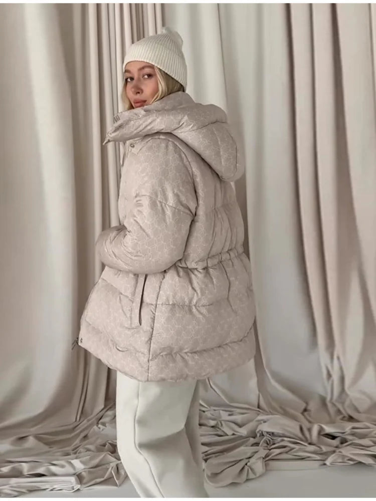 Damen Steppjacke mit Kapuze und Kordelzug, Braun/Beige/Schwarz