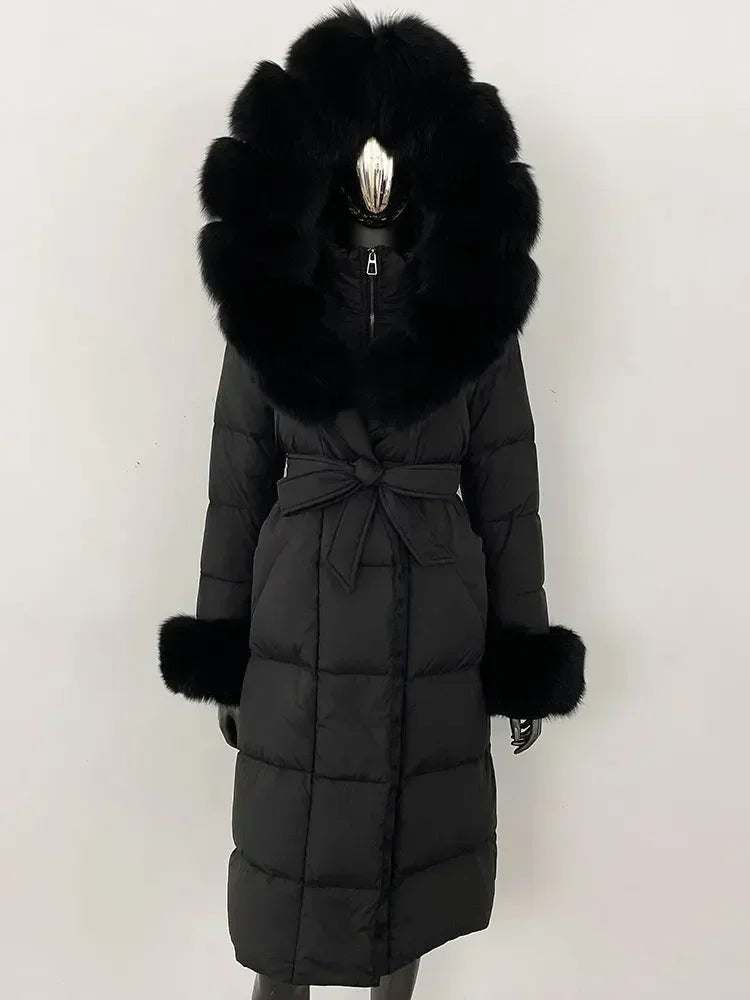 Damen Daunenmantel Lang mit Kapuze und Pelzbesatz Gürtel Steppjacke Warm