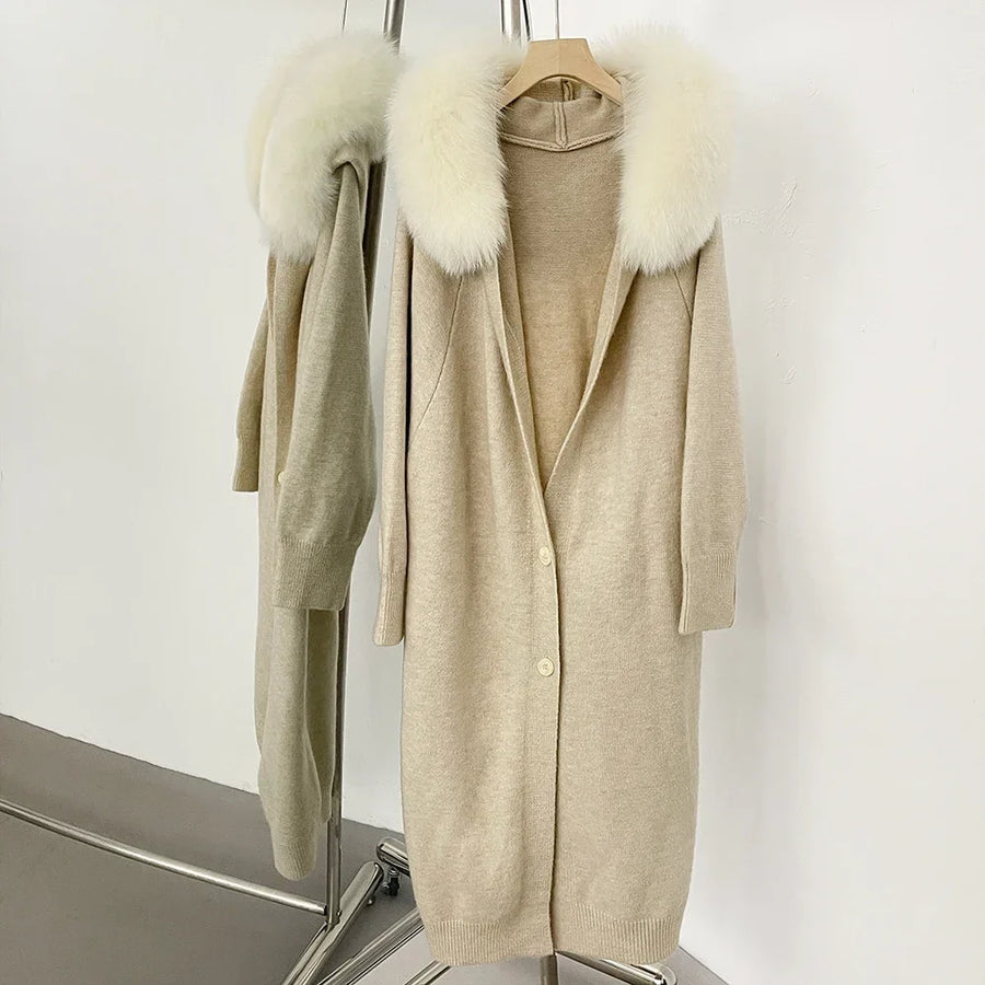 Damen Strickmantel Lang mit Fellkragen Grau