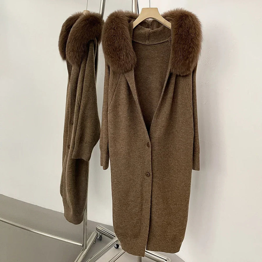 Damen Strickmantel Lang mit Fellkragen Grau
