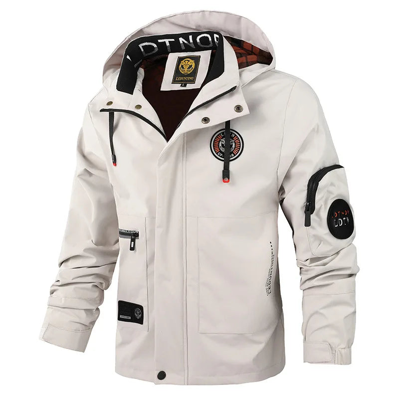Herren Outdoor Jacke mit Kapuze & Reißverschluss, Winddichte Übergangsjacke mit Taschen