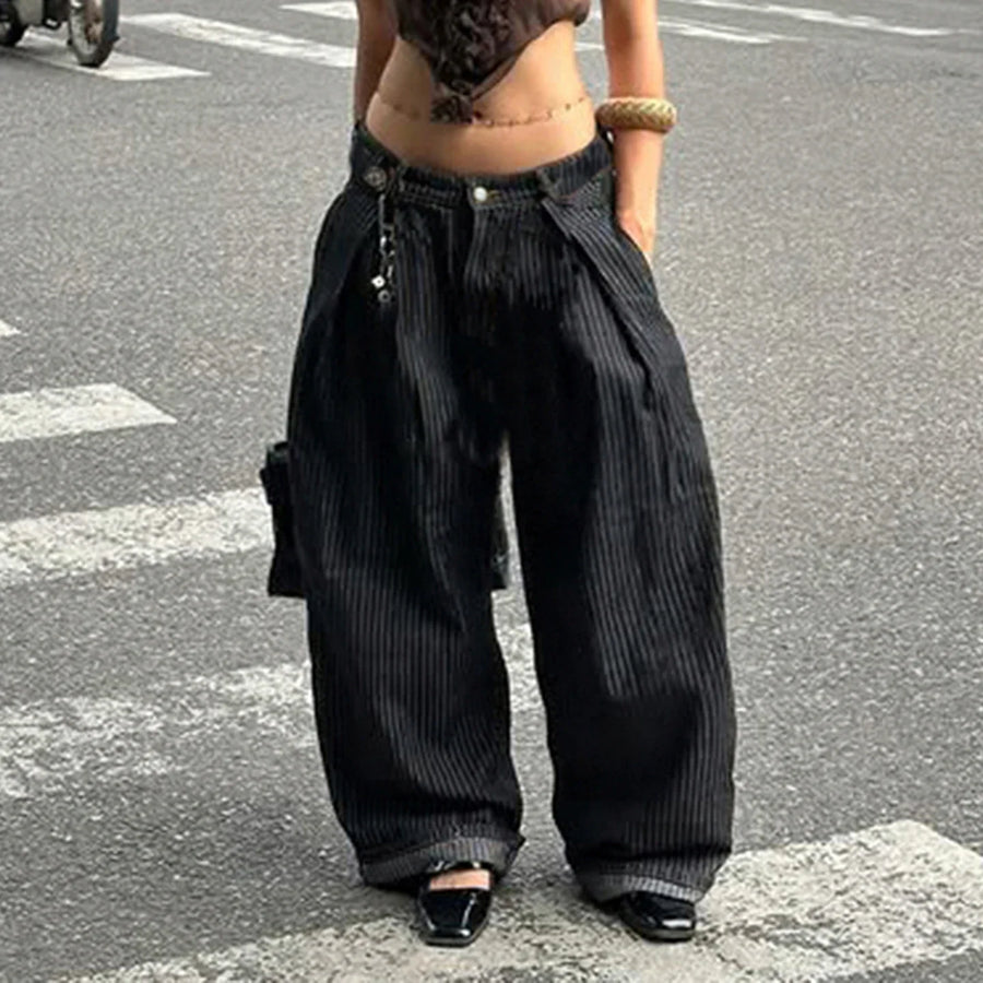 Damen Baggy Hose mit weitem Bein und Nadelstreifen Schwarz