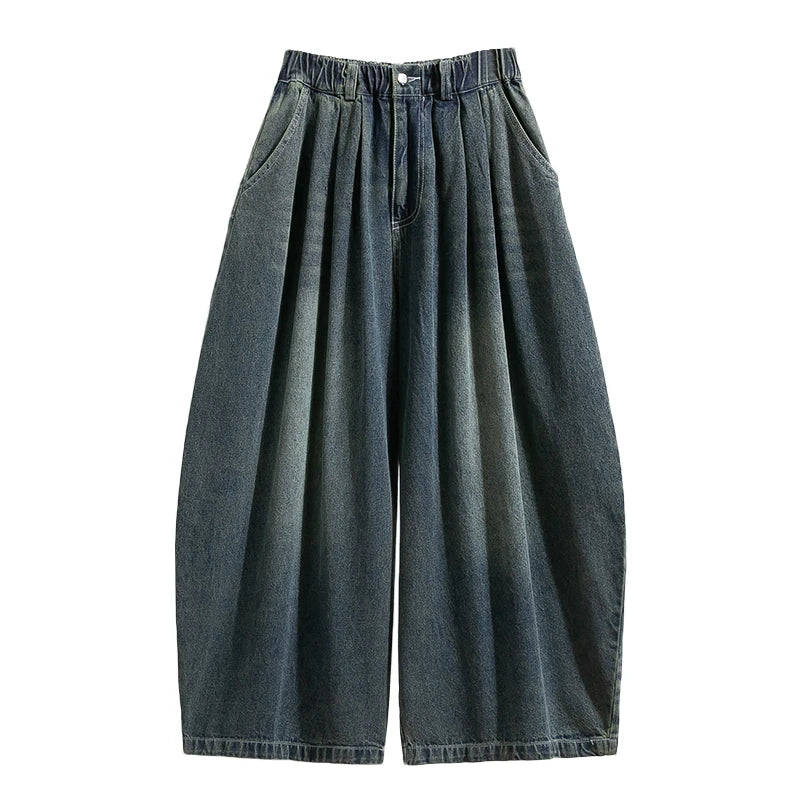 Damen Jeanshose Weites Bein Hohe Taille Waschung Dunkelblau