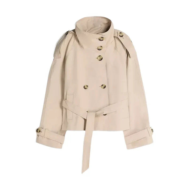 Damen Kurzjacke Stehkragen Gürtel Doppelreiher – Elegante Übergangsjacke
