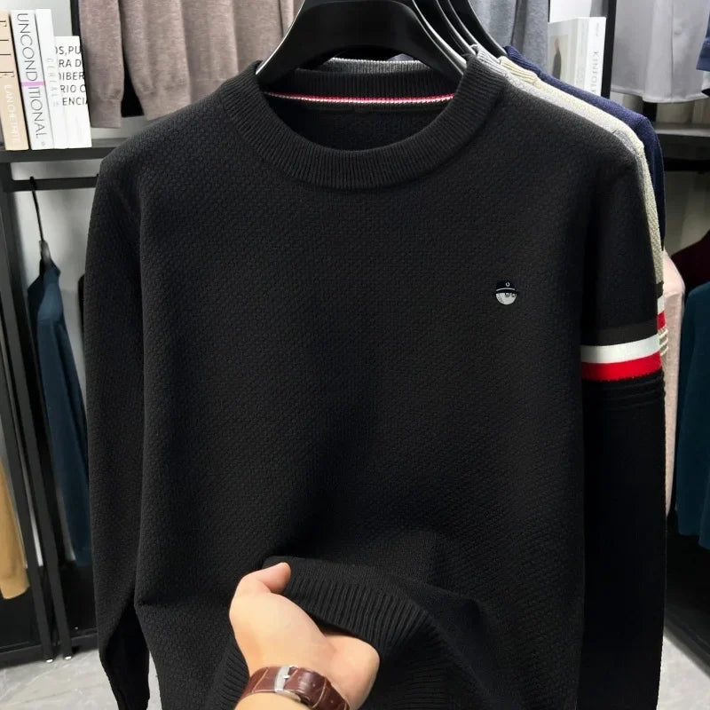 Heren pullover met lange mouwen, ronde hals, fijngebreid, ribboorden, borduursel