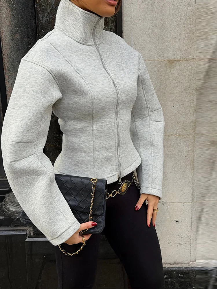 Damen Jacke mit Reißverschluss, Stehkragen und figurbetontem Schnitt