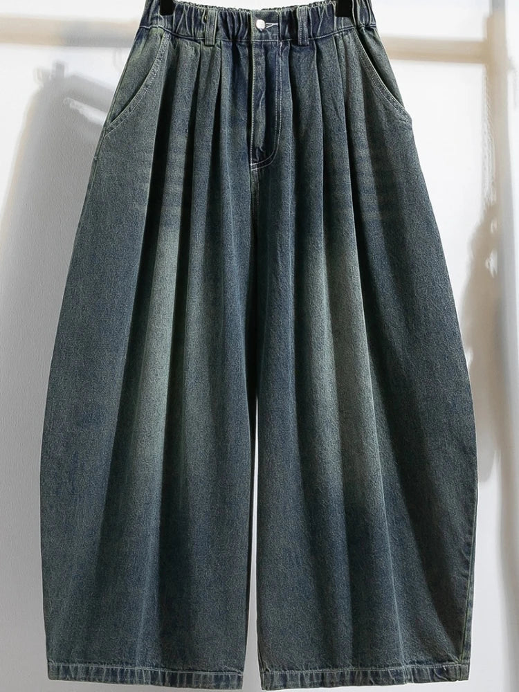 Damen Jeanshose Weites Bein Hohe Taille Waschung Dunkelblau