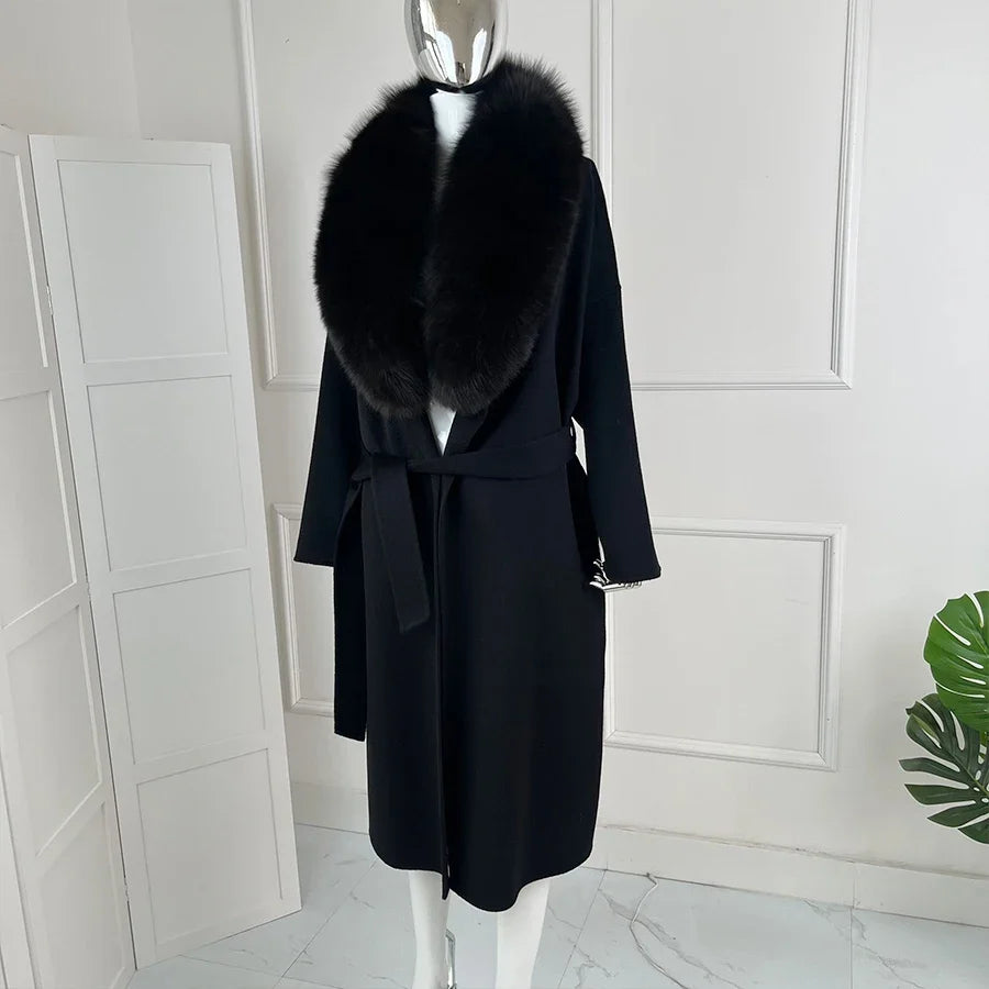 Damen Wickelmantel Schwarz mit Fellkragen Elegant