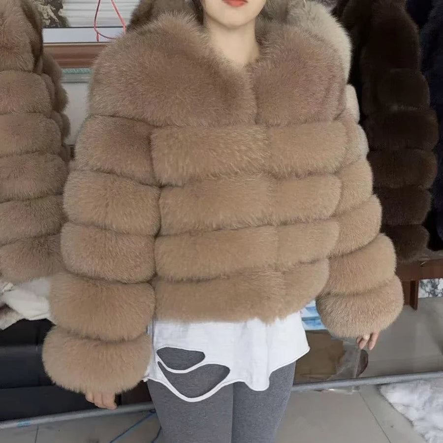Damen Kurzjacke mit Kunstfell, Winterjacke mit gerippten Ärmeln, warmer Pelzmantel