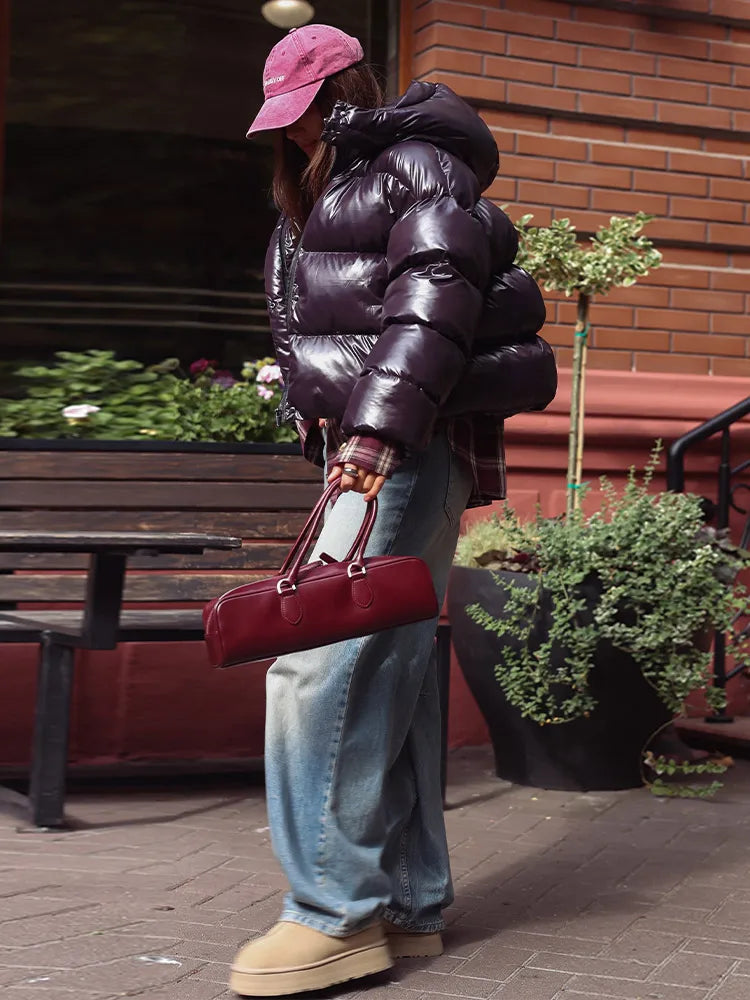 Damen Glänzende Pufferjacke mit Kapuze Kurz Daunenjacke