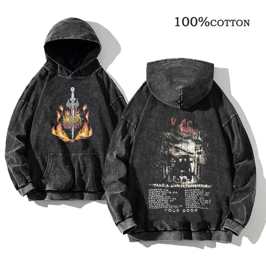 Korn Band Hoodie Unisex Washed Schwarz Kapuzenpullover Oversize