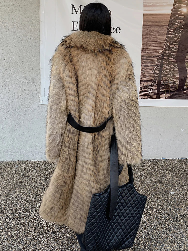 Damen Langer Mantel mit Pelz-Optik im Chevron-Muster