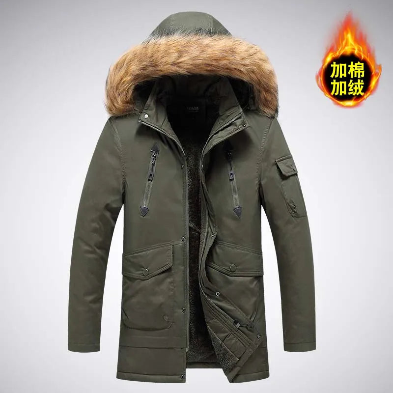 Herren Winterparka mit Kapuze und Fellimitatbesatz, warm gefüttert, langarm, Reißverschluss