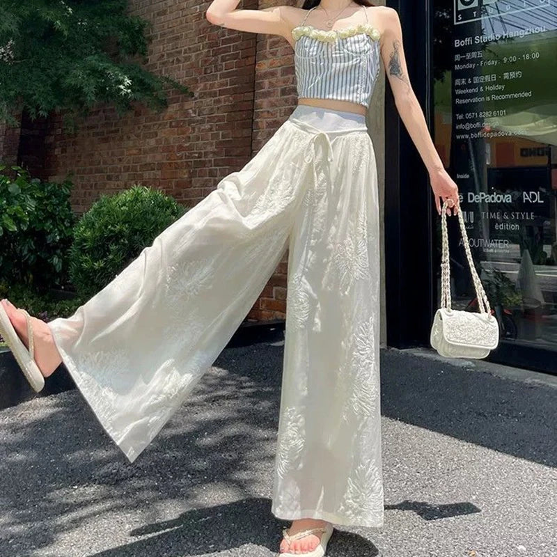 Dames witte wijde broek met borduursel, high waist en trekkoord, zomer-palazzobroek