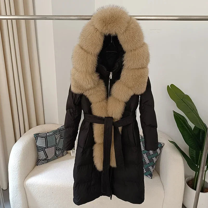 Damen Winter Steppmantel Lang mit Kapuze und Kunstpelzbesatz Gürtel