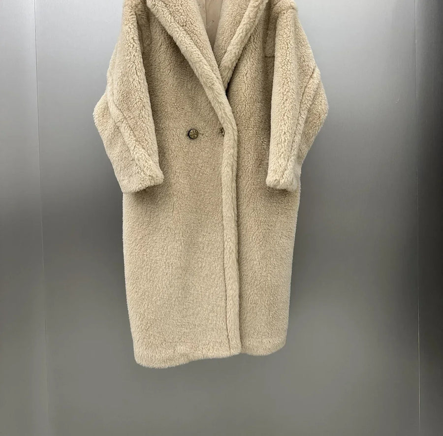 Damen Teddyfell Mantel mit Kapuze und Handschuhen, mittellang, Winter