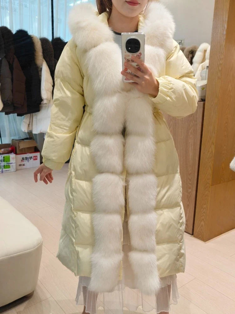 Damen Steppmantel Lang mit Kapuze und Pelzbesatz Winterjacke