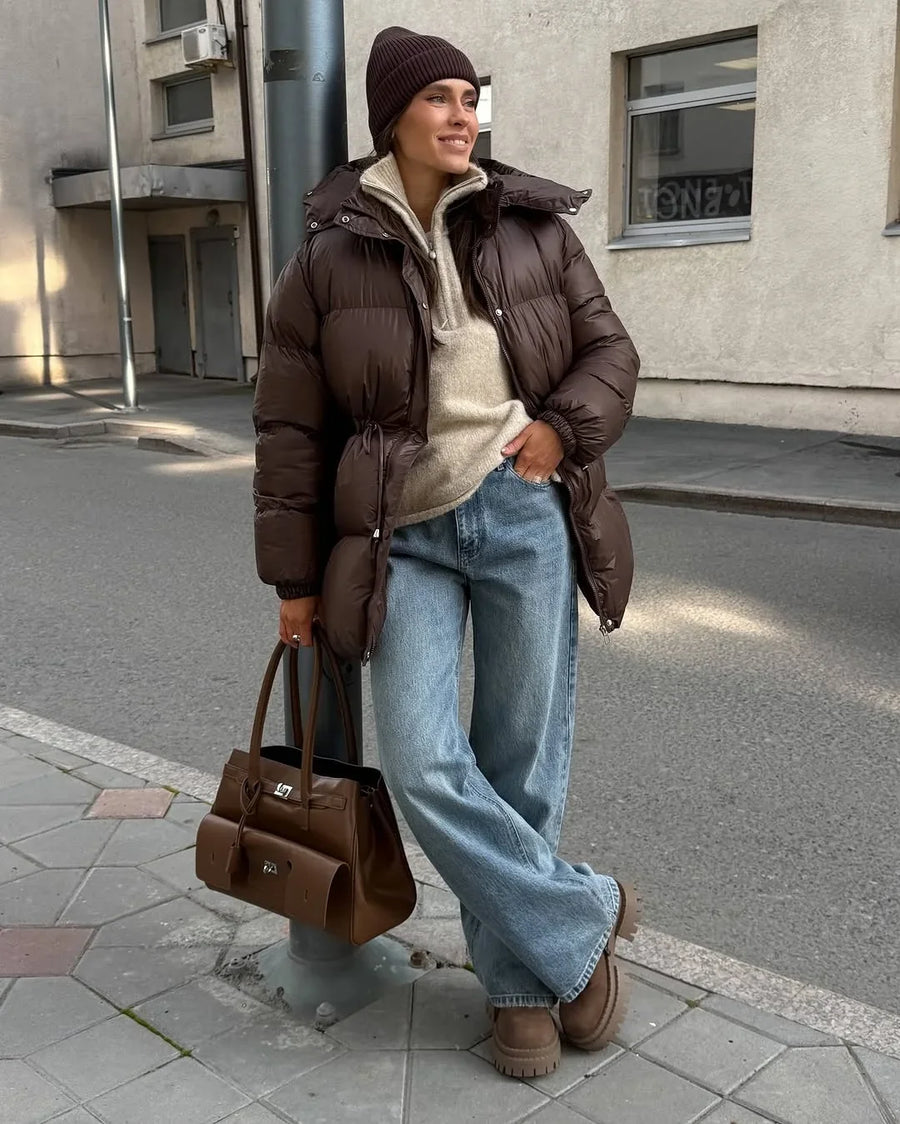 Damen Daunenjacke Winter Steppjacke mit Kapuze & Kordelzug
