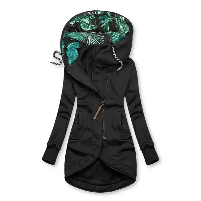 Damen Hoodie Jacke mit asymmetrichem Reißverschluss und Tropenmuster-Kapuzenfutter