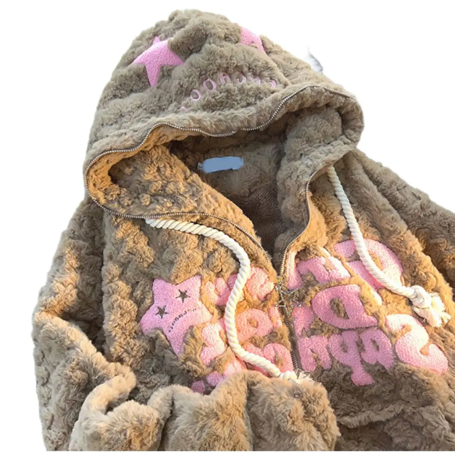 Flauschiger Hoodie mit Sternen & Reißverschluss für Damen