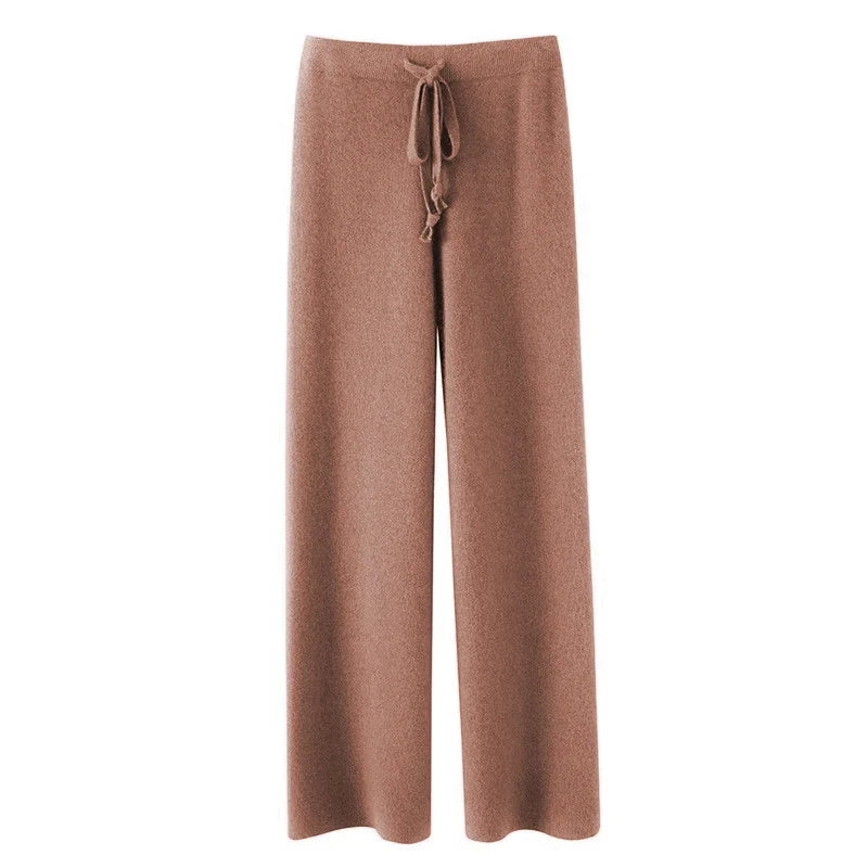 Damen Strickhose Weites Bein Hoher Bund mit Kordelzug
