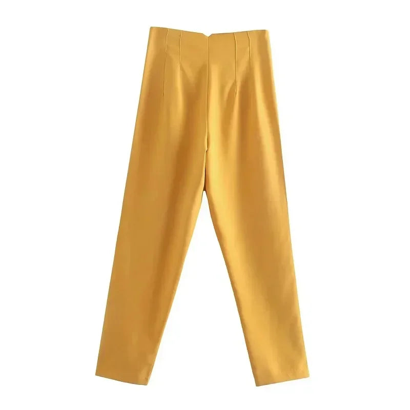Damesbroek van stof met hoge taille in wortelmodel