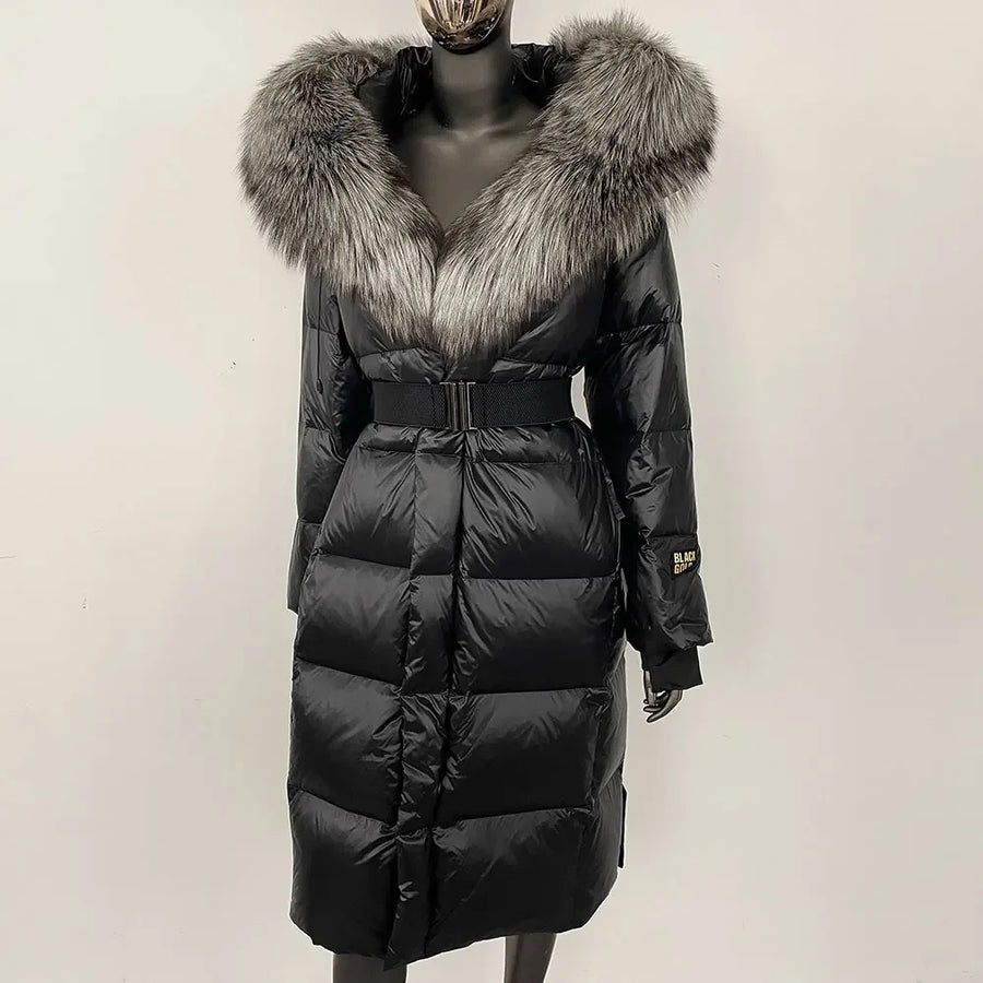 Damen Winter Steppmantel mit Kapuze und Fellkragen Schwarz Grau