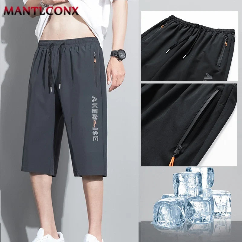 Herren 3/4 Sportshorts mit Reißverschlusstaschen & Kordelzug, Grau