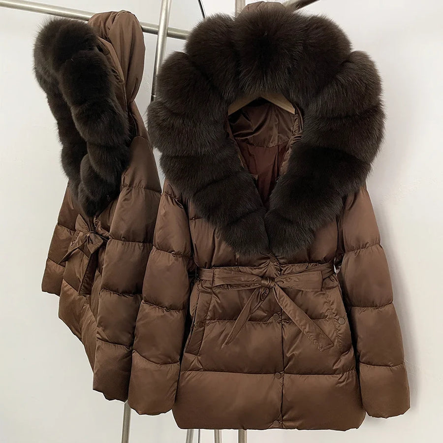 Damen Daunenjacke mit Kunstpelzkragen und Bindegürtel, warme Winterjacke