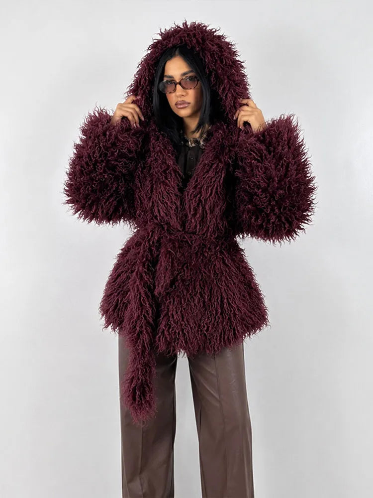 Damen Shaggy Jacke mit Kapuze und Bindegürtel, Lockiges Plüschmaterial