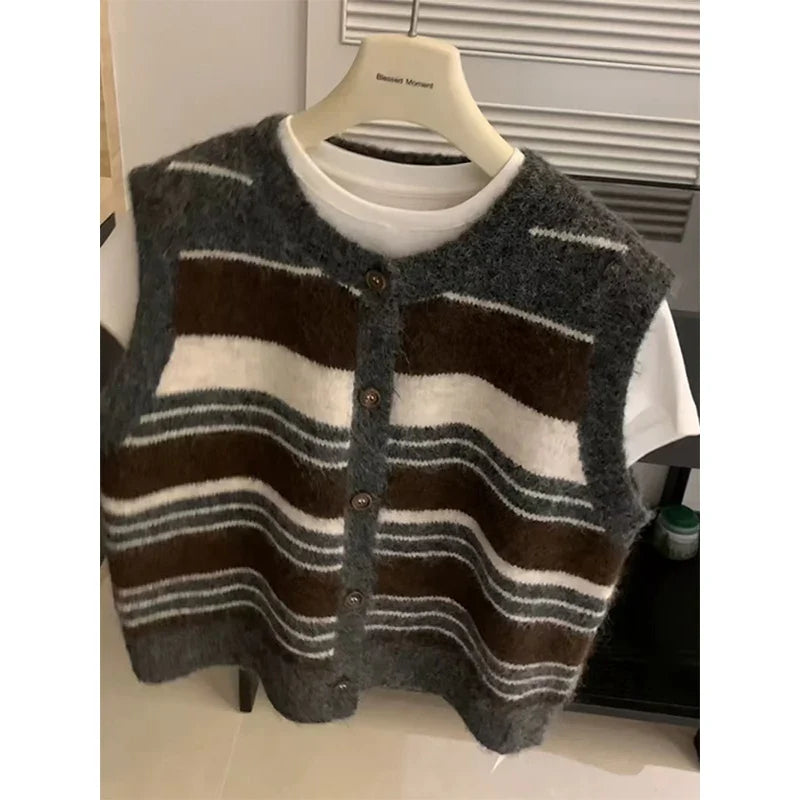 Damen Weste gestrickt gestreift mit Knöpfen Ärmellos Mehrfarbig