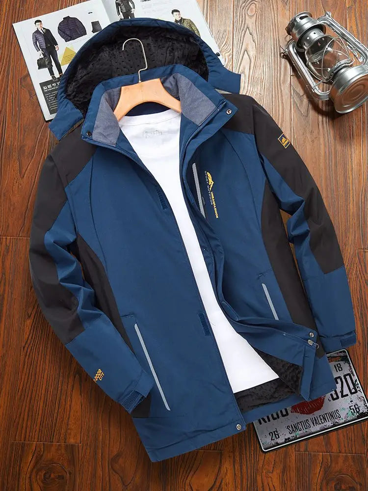 Herren Winterjacke mit Kapuze, gefüttert, wasserabweisend, blau-schwarz