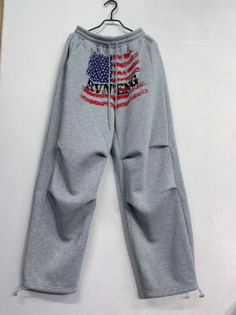 Grijze wijde joggingbroek met tailleband en trekkoord, met print