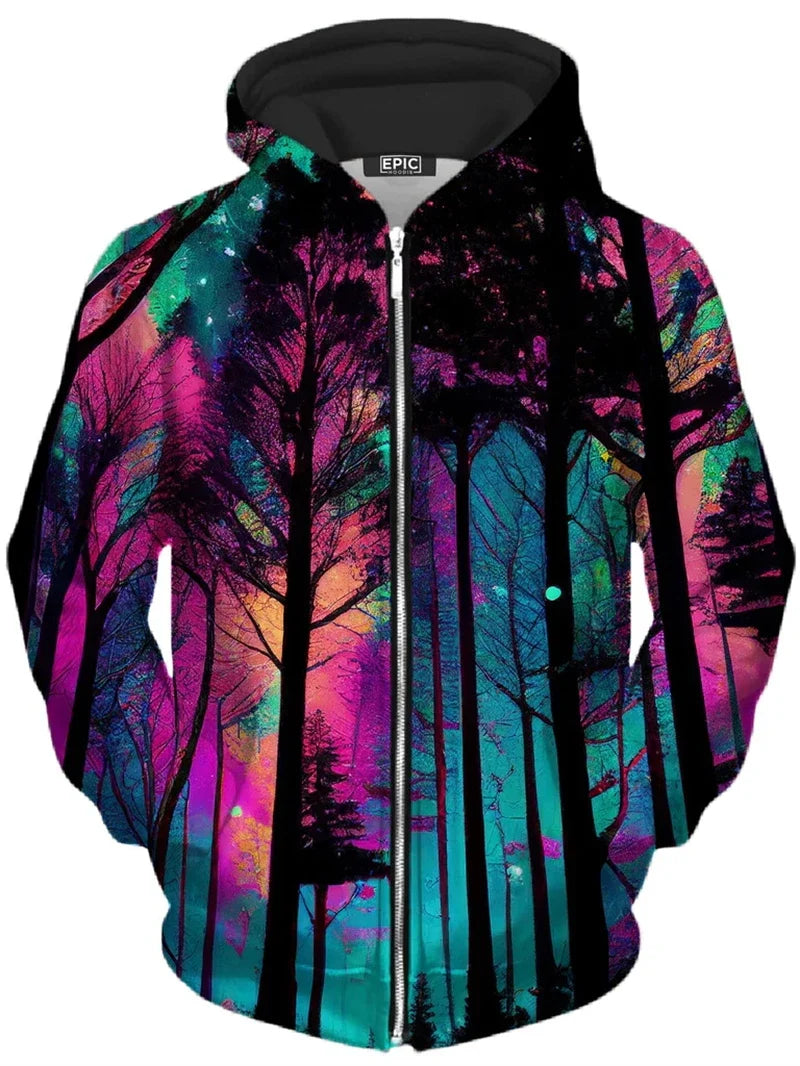 Unisex hoodie met rits en kleurrijke boomgrafiek
